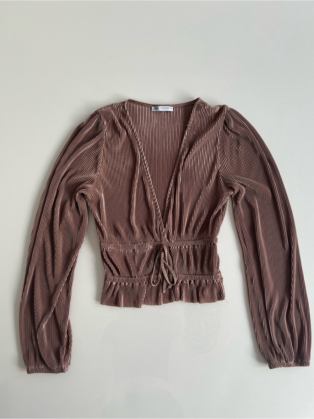 Zara Pleated V-Neck Drawstring Blouse - Brown